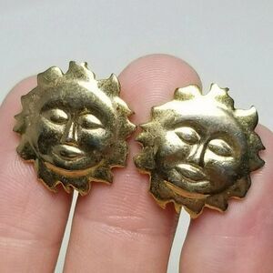 Vintage Direction One Sun Face Clip On Earrings, Gold Tone, Signed, Retro 80s
